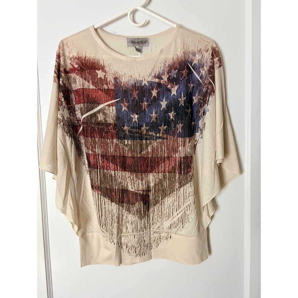 Closet Full Womens American Flag Heart Rhinestone Dolman Sleeve Top Cream Small
